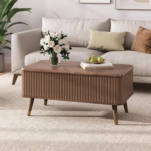 Round Coffee Table with Storage,Fluted Center Table with Sliding Cabinet Door for Living Room,Home Small Space,31.5" Small Center Table,Walnut - Wigtrends