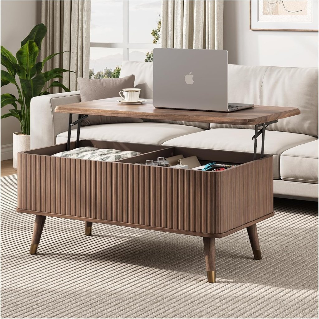 Round Coffee Table with Storage,Fluted Center Table with Sliding Cabinet Door for Living Room,Home Small Space,31.5" Small Center Table,Walnut - Wigtrends