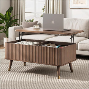 Round Coffee Table with Storage,Fluted Center Table with Sliding Cabinet Door for Living Room,Home Small Space,31.5" Small Center Table,Walnut - Wigtrends