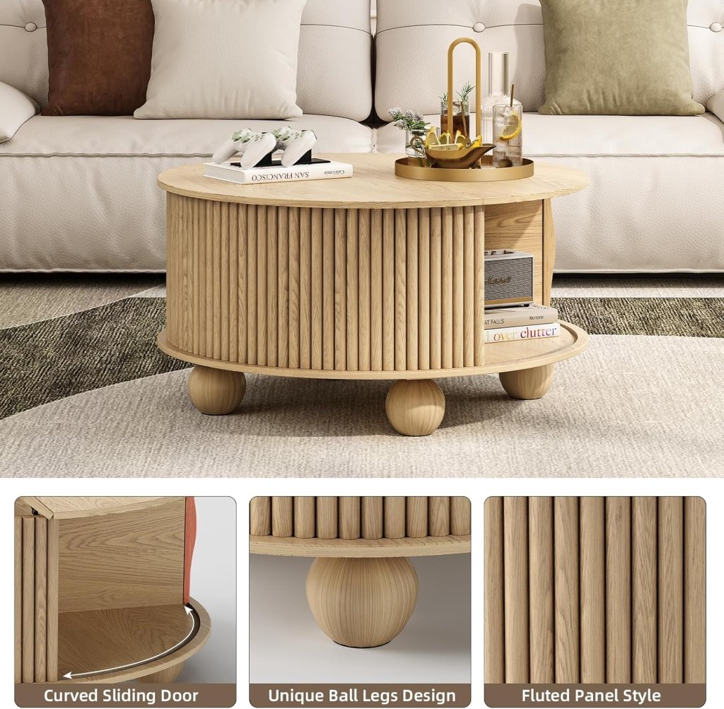 Round Coffee Table with Storage,Fluted Center Table with Sliding Cabinet Door for Living Room,Home Small Space,31.5" Small Center Table,Walnut - Wigtrends