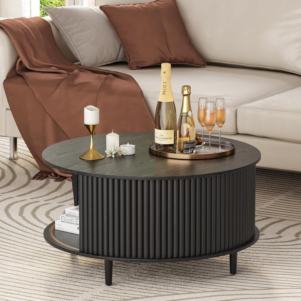 Round Coffee Table with Storage,Fluted Center Table with Sliding Cabinet Door for Living Room,Home Small Space,31.5" Small Center Table,Walnut - Wigtrends