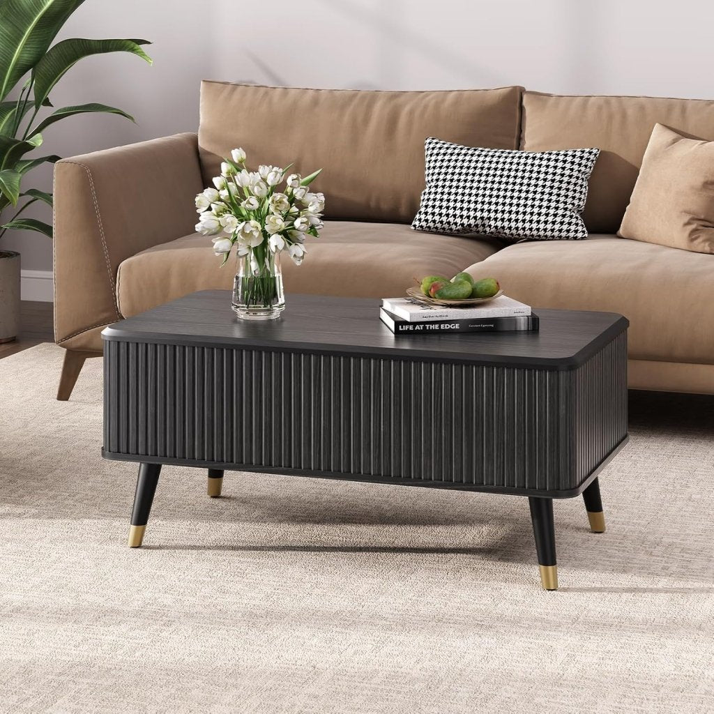 Round Coffee Table with Storage,Fluted Center Table with Sliding Cabinet Door for Living Room,Home Small Space,31.5" Small Center Table,Walnut - Wigtrends
