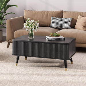 Round Coffee Table with Storage,Fluted Center Table with Sliding Cabinet Door for Living Room,Home Small Space,31.5" Small Center Table,Walnut - Wigtrends