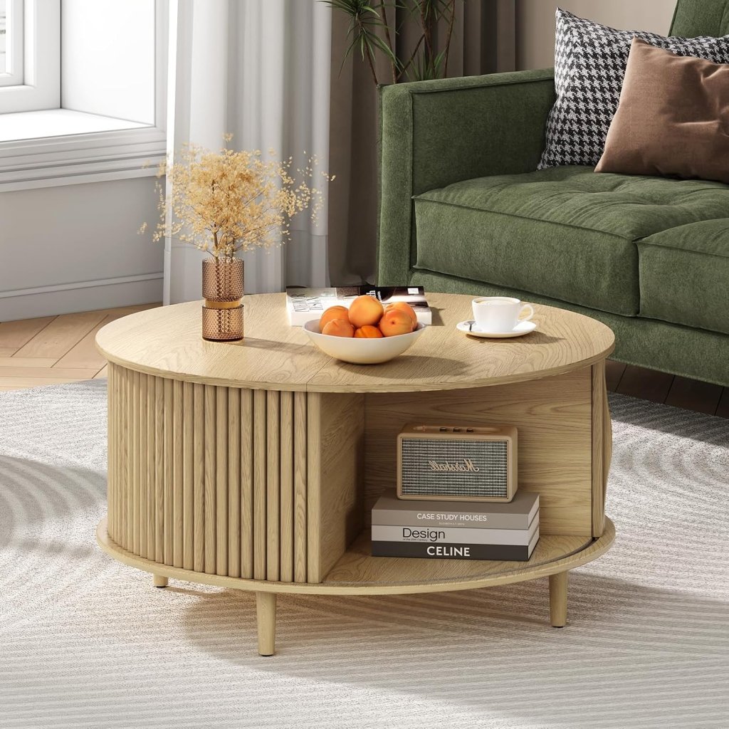 Round Coffee Table with Storage,Fluted Center Table with Sliding Cabinet Door for Living Room,Home Small Space,31.5" Small Center Table,Walnut - Wigtrends