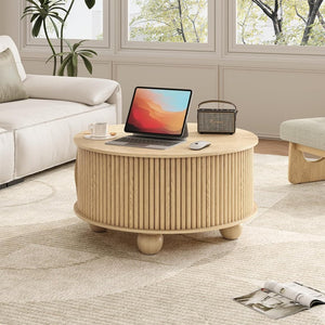 Round Coffee Table with Storage,Fluted Center Table with Sliding Cabinet Door for Living Room,Home Small Space,31.5" Small Center Table,Walnut - Wigtrends