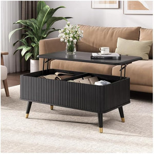 Round Coffee Table with Storage,Fluted Center Table with Sliding Cabinet Door for Living Room,Home Small Space,31.5" Small Center Table,Walnut - Wigtrends
