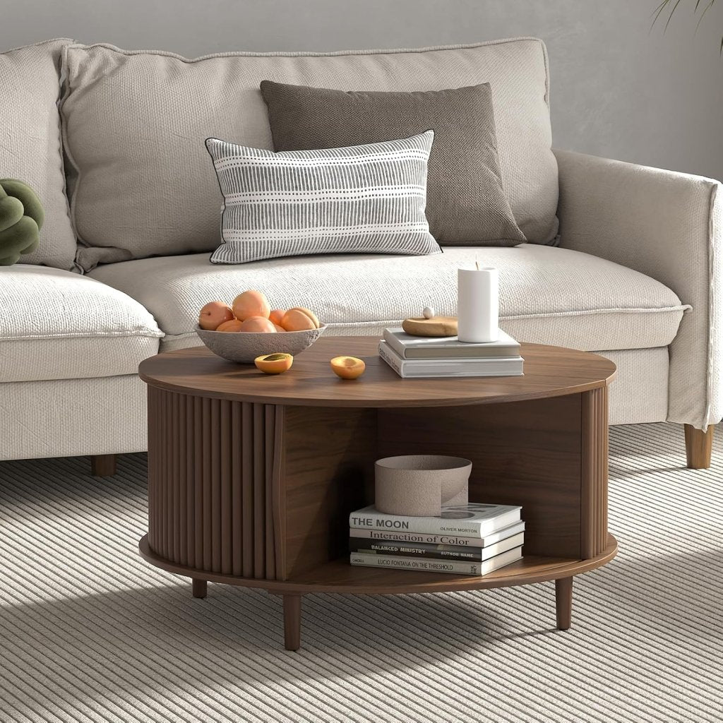 Round Coffee Table with Storage,Fluted Center Table with Sliding Cabinet Door for Living Room,Home Small Space,31.5" Small Center Table,Walnut - Wigtrends