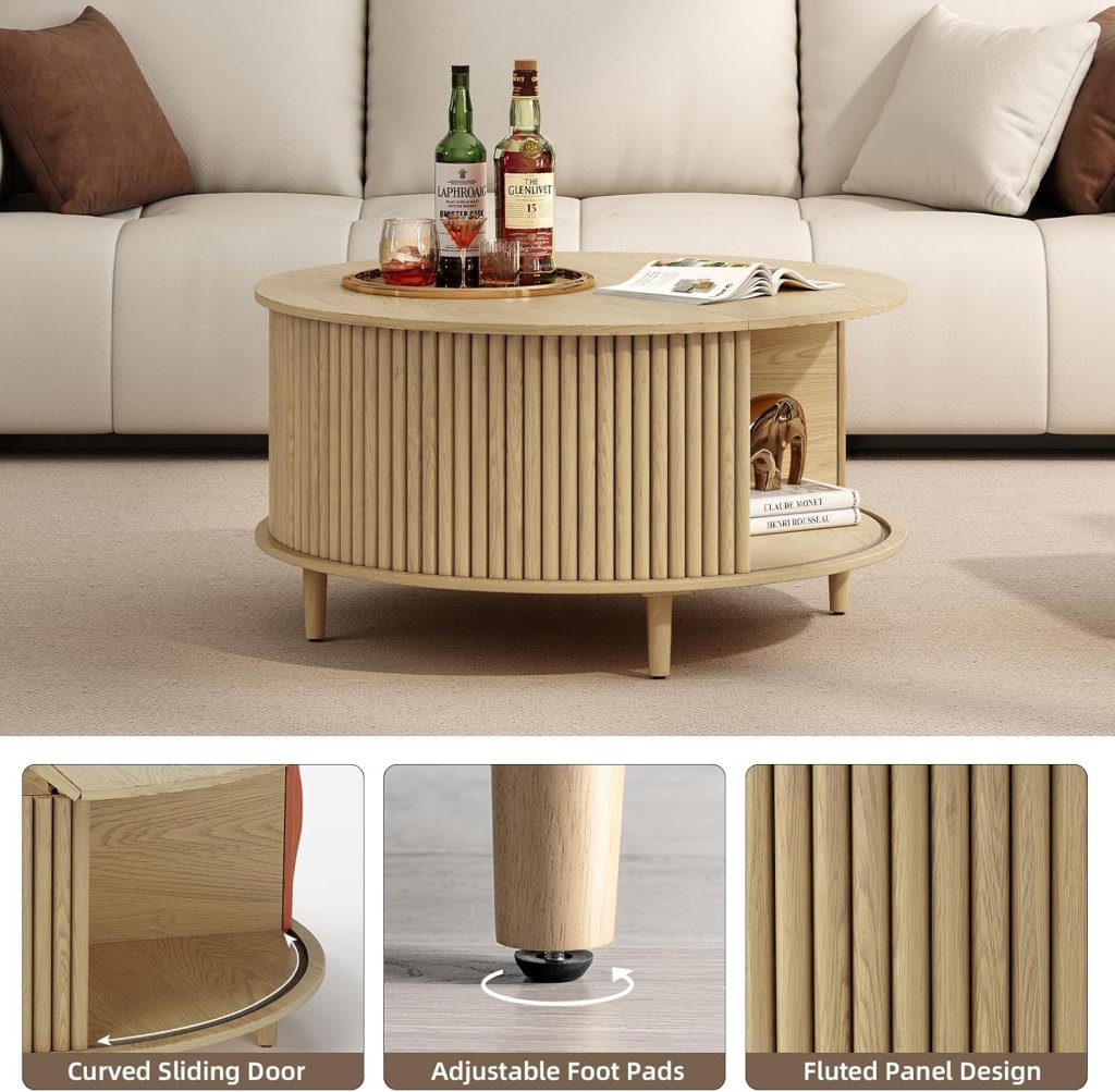 Round Coffee Table with Storage,Fluted Center Table with Sliding Cabinet Door for Living Room,Home Small Space,31.5" Small Center Table,Walnut - Wigtrends