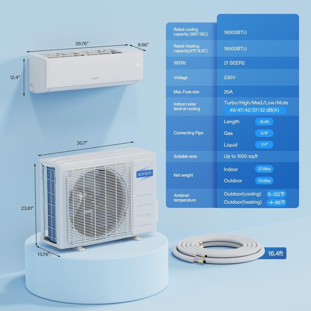 ROVSUN 9000 BTU Wifi Enabled Mini Split Air Conditioner & Heater with Inverter, 19 SEER2 Energy Saving 115V Ductless Split AC Unit with Pre - Charged Condenser, Heat Pump & Installation Kit - Wigtrends