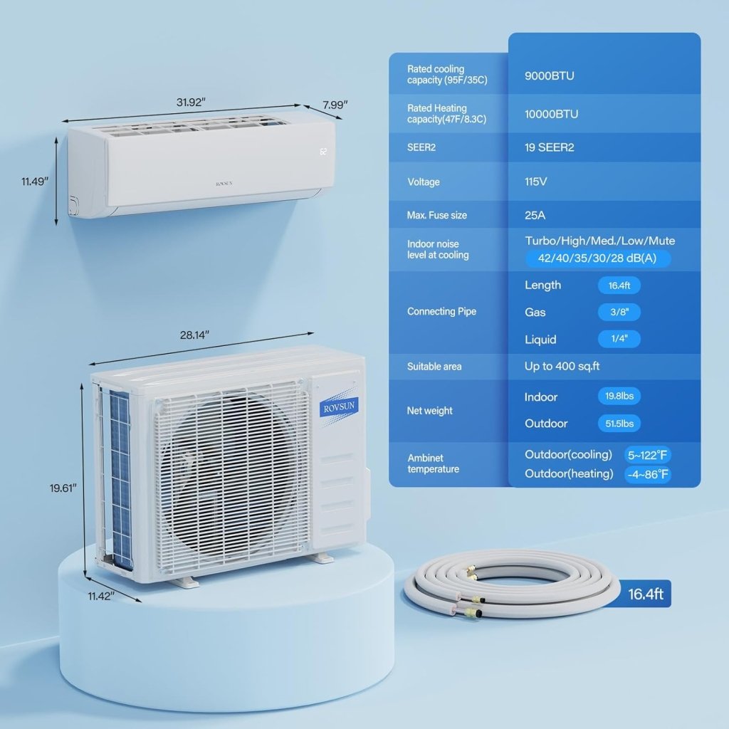 ROVSUN 9000 BTU Wifi Enabled Mini Split Air Conditioner & Heater with Inverter, 19 SEER2 Energy Saving 115V Ductless Split AC Unit with Pre - Charged Condenser, Heat Pump & Installation Kit - Wigtrends