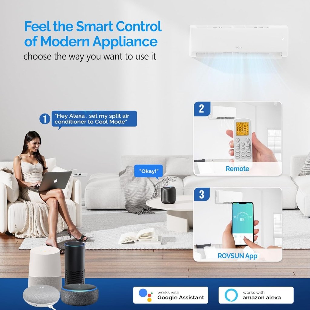 ROVSUN 9000 BTU Wifi Enabled Mini Split Air Conditioner & Heater with Inverter, 19 SEER2 Energy Saving 115V Ductless Split AC Unit with Pre - Charged Condenser, Heat Pump & Installation Kit - Wigtrends