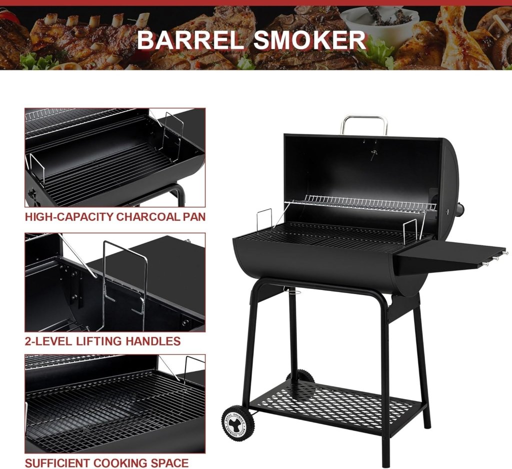 Royal Gourmet CC1830 30 Inch Barrel Charcoal Grill with Side Table, Outdoor BBQ Grill with 627 Sq. In. Cooking Space for Backyard, Patio and Parties, Black - Wigtrends
