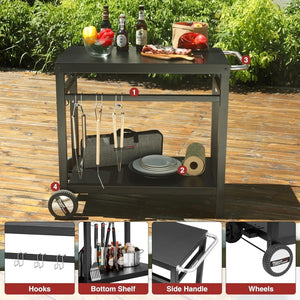 Royal Gourmet Dining Cart Table with Double - Shelf, Movable Stainless Steel Flattop Grill Cart, Hooks, Side Handle, Multifunctional PC3401B (Black) - Wigtrends