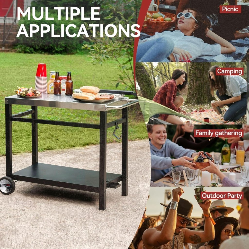 Royal Gourmet Dining Cart Table with Double - Shelf, Movable Stainless Steel Flattop Grill Cart, Hooks, Side Handle, Multifunctional PC3401B (Black) - Wigtrends