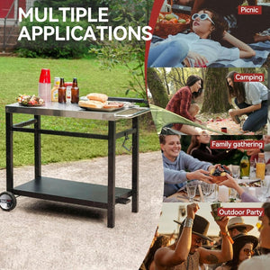 Royal Gourmet Dining Cart Table with Double - Shelf, Movable Stainless Steel Flattop Grill Cart, Hooks, Side Handle, Multifunctional PC3401B (Black) - Wigtrends