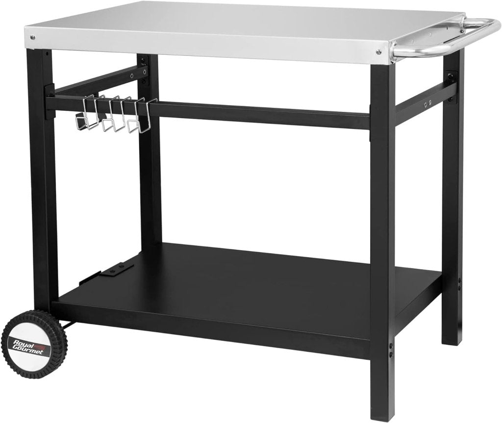 Royal Gourmet Dining Cart Table with Double - Shelf, Movable Stainless Steel Flattop Grill Cart, Hooks, Side Handle, Multifunctional PC3401B (Black) - Wigtrends