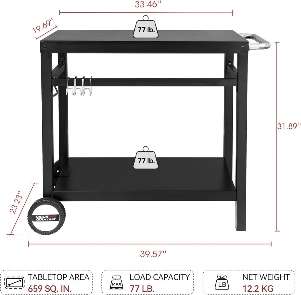 Royal Gourmet Dining Cart Table with Double - Shelf, Movable Stainless Steel Flattop Grill Cart, Hooks, Side Handle, Multifunctional PC3401B (Black) - Wigtrends