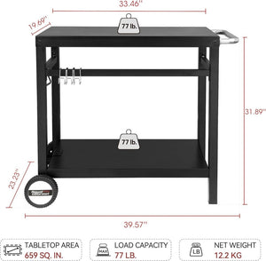 Royal Gourmet Dining Cart Table with Double - Shelf, Movable Stainless Steel Flattop Grill Cart, Hooks, Side Handle, Multifunctional PC3401B (Black) - Wigtrends