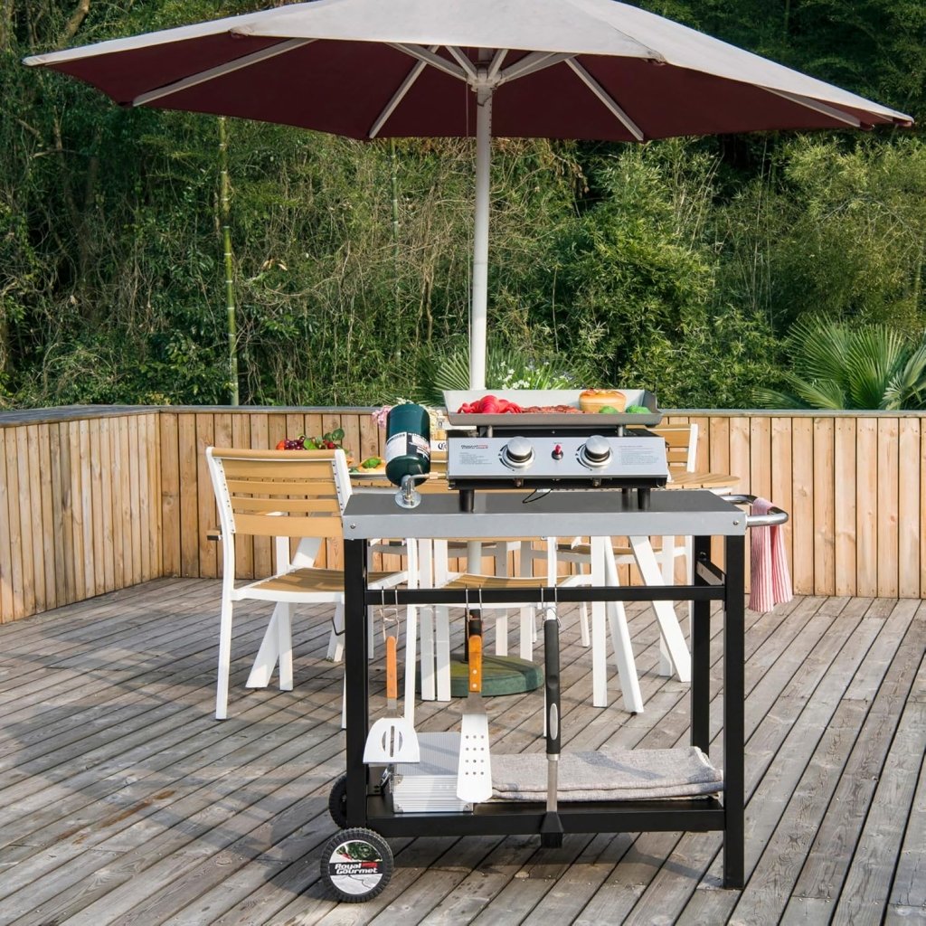Royal Gourmet Dining Cart Table with Double - Shelf, Movable Stainless Steel Flattop Grill Cart, Hooks, Side Handle, Multifunctional PC3401B (Black) - Wigtrends