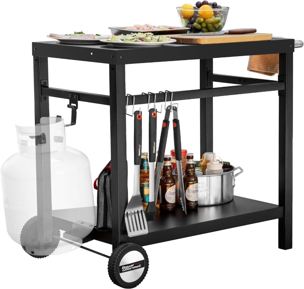 Royal Gourmet Dining Cart Table with Double - Shelf, Movable Stainless Steel Flattop Grill Cart, Hooks, Side Handle, Multifunctional PC3401B (Black) - Wigtrends