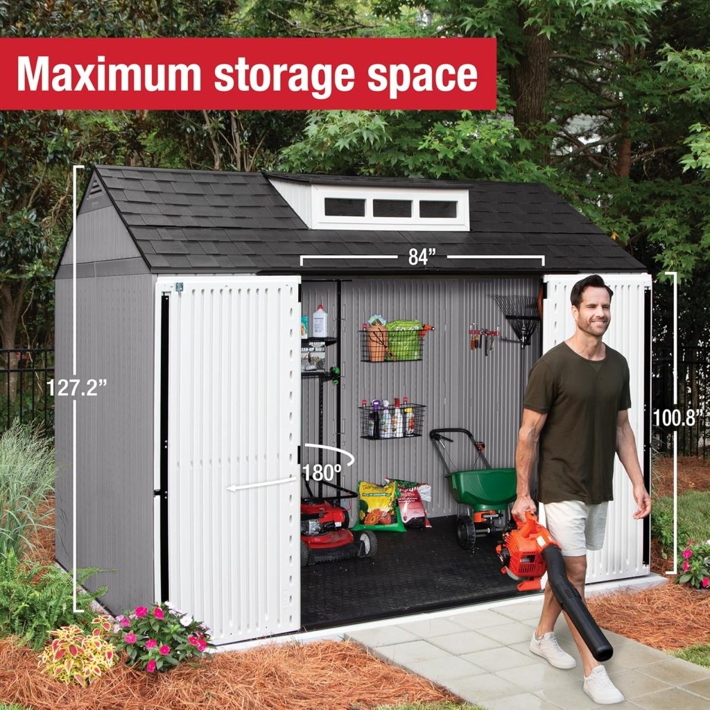 Rubbermaid Resin Outdoor Storage Shed With Floor (7 x 7 Ft) Weather Resistant Gray Organization for Home/Backyard/Garden Tools/Lawn Mower/Bike Storage/Pool Supplies - Wigtrends