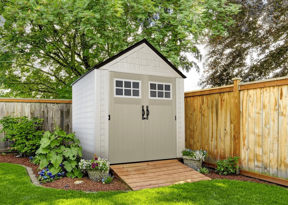 Rubbermaid Resin Outdoor Storage Shed With Floor (7 x 7 Ft) Weather Resistant Gray Organization for Home/Backyard/Garden Tools/Lawn Mower/Bike Storage/Pool Supplies - Wigtrends