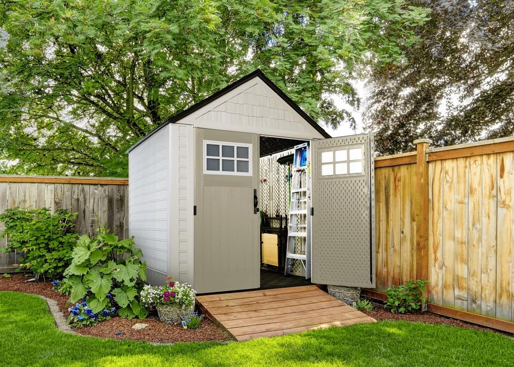 Rubbermaid Resin Outdoor Storage Shed With Floor (7 x 7 Ft) Weather Resistant Gray Organization for Home/Backyard/Garden Tools/Lawn Mower/Bike Storage/Pool Supplies - Wigtrends