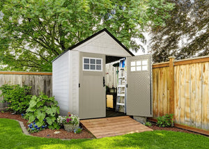 Rubbermaid Resin Outdoor Storage Shed With Floor (7 x 7 Ft) Weather Resistant Gray Organization for Home/Backyard/Garden Tools/Lawn Mower/Bike Storage/Pool Supplies - Wigtrends