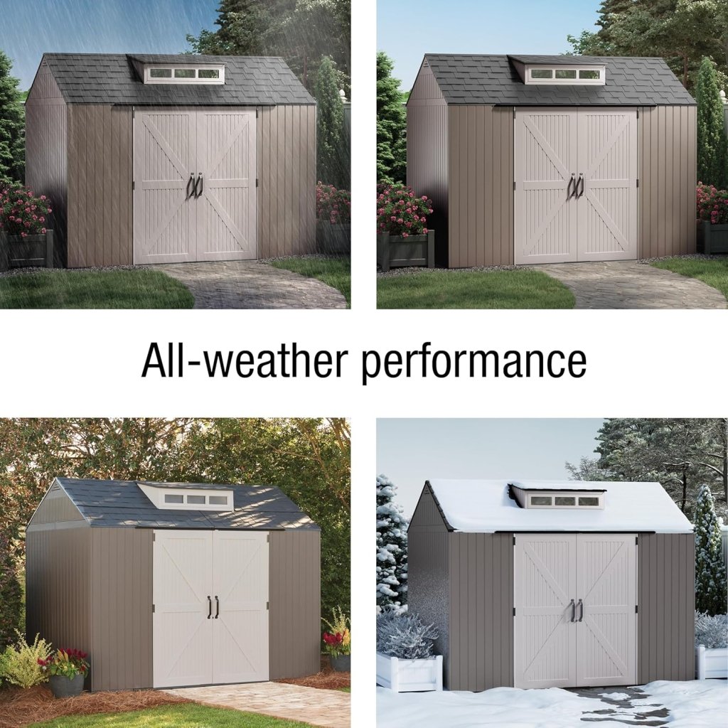 Rubbermaid Resin Outdoor Storage Shed With Floor (7 x 7 Ft) Weather Resistant Gray Organization for Home/Backyard/Garden Tools/Lawn Mower/Bike Storage/Pool Supplies - Wigtrends