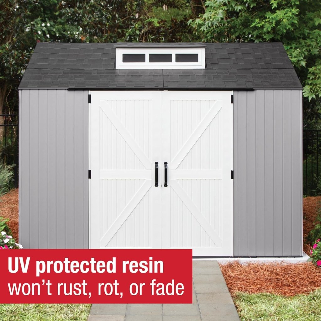 Rubbermaid Resin Outdoor Storage Shed With Floor (7 x 7 Ft) Weather Resistant Gray Organization for Home/Backyard/Garden Tools/Lawn Mower/Bike Storage/Pool Supplies - Wigtrends
