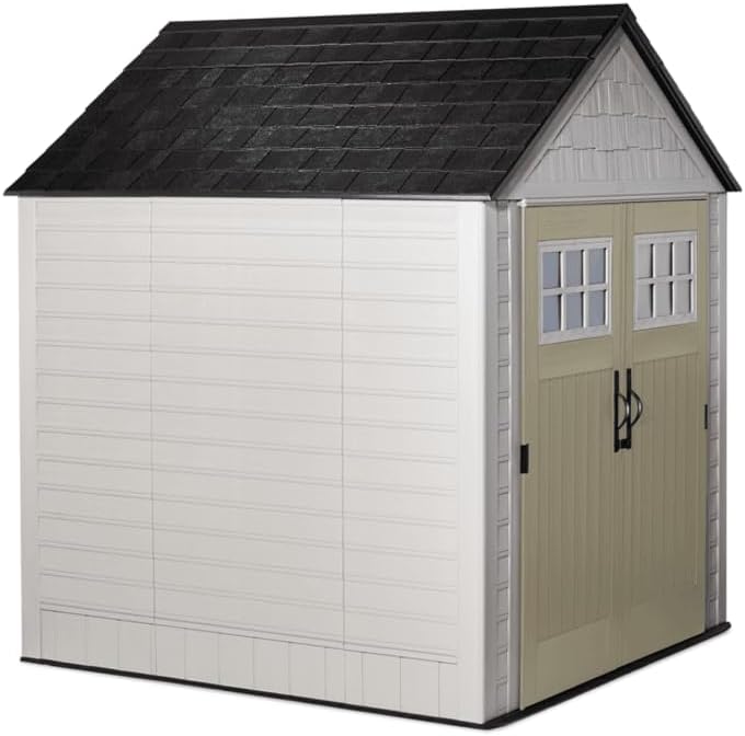 Rubbermaid Resin Outdoor Storage Shed With Floor (7 x 7 Ft) Weather Resistant Gray Organization for Home/Backyard/Garden Tools/Lawn Mower/Bike Storage/Pool Supplies - Wigtrends