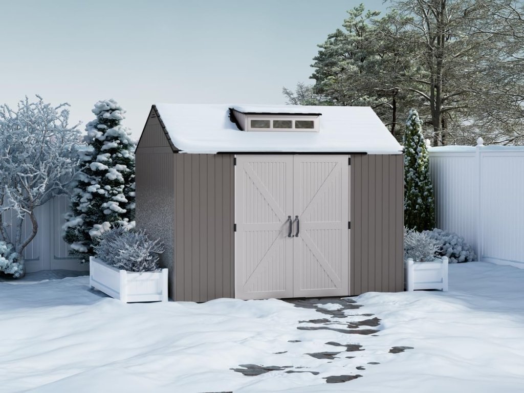 Rubbermaid Resin Outdoor Storage Shed With Floor (7 x 7 Ft) Weather Resistant Gray Organization for Home/Backyard/Garden Tools/Lawn Mower/Bike Storage/Pool Supplies - Wigtrends