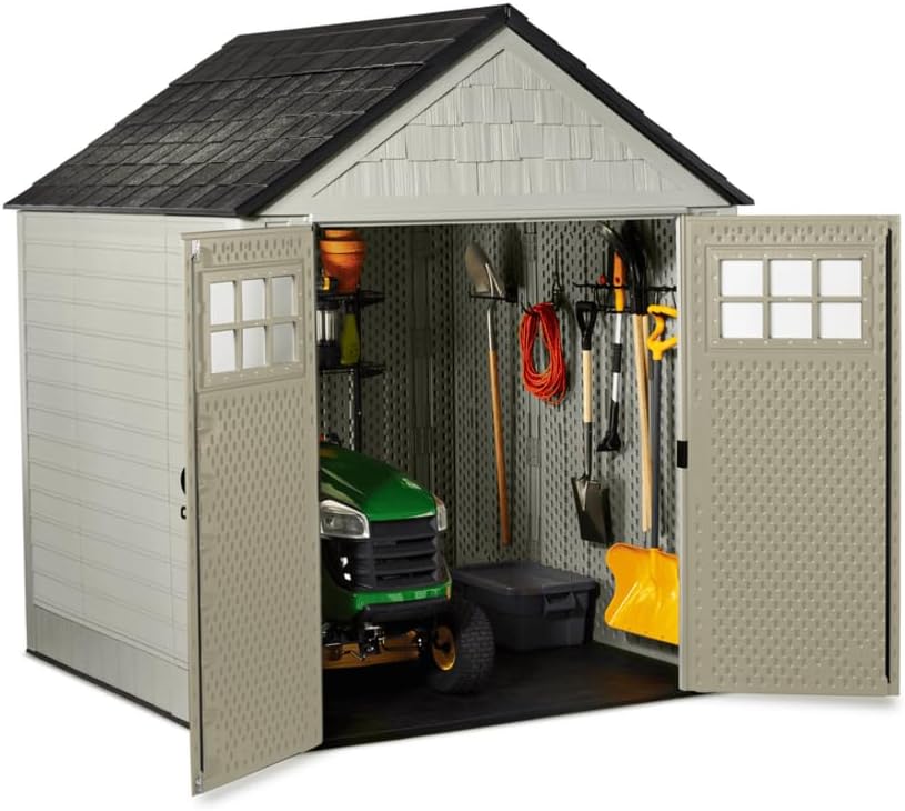 Rubbermaid Resin Outdoor Storage Shed With Floor (7 x 7 Ft) Weather Resistant Gray Organization for Home/Backyard/Garden Tools/Lawn Mower/Bike Storage/Pool Supplies - Wigtrends