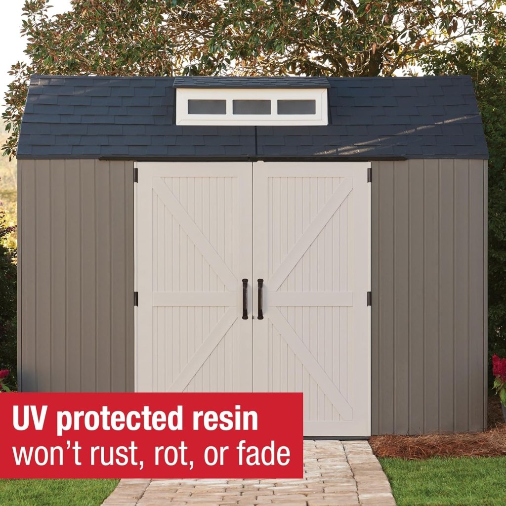Rubbermaid Resin Outdoor Storage Shed With Floor (7 x 7 Ft) Weather Resistant Gray Organization for Home/Backyard/Garden Tools/Lawn Mower/Bike Storage/Pool Supplies - Wigtrends