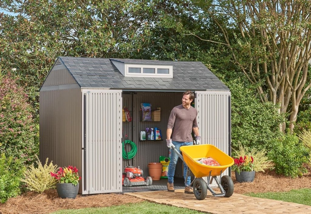 Rubbermaid Resin Outdoor Storage Shed With Floor (7 x 7 Ft) Weather Resistant Gray Organization for Home/Backyard/Garden Tools/Lawn Mower/Bike Storage/Pool Supplies - Wigtrends