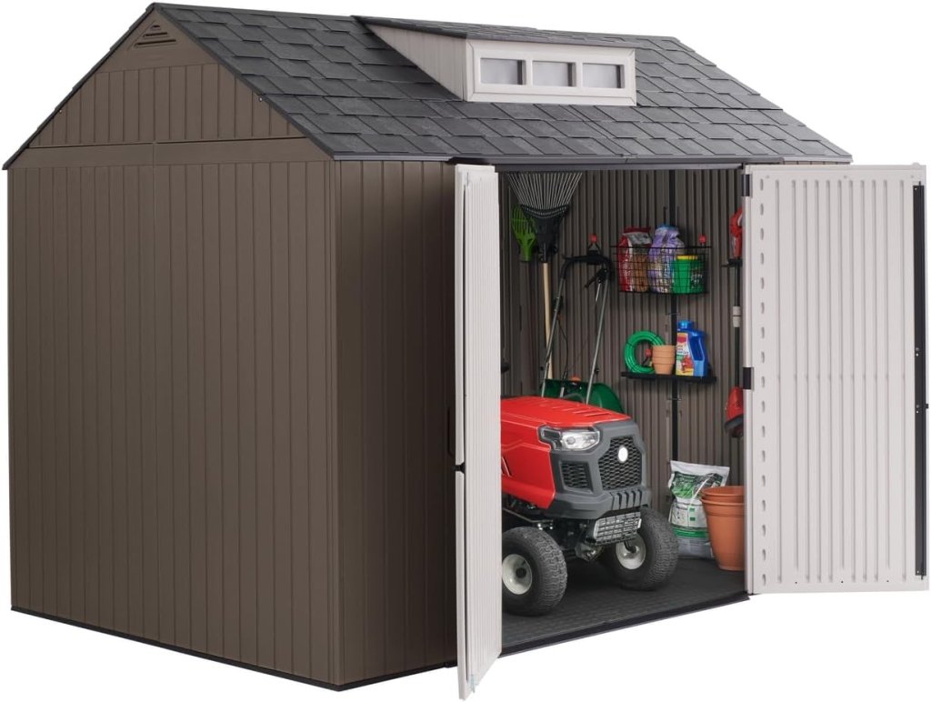 Rubbermaid Resin Outdoor Storage Shed With Floor (7 x 7 Ft) Weather Resistant Gray Organization for Home/Backyard/Garden Tools/Lawn Mower/Bike Storage/Pool Supplies - Wigtrends