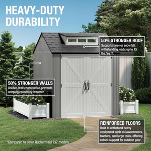 Rubbermaid Resin Outdoor Storage Shed With Floor (7 x 7 Ft) Weather Resistant Gray Organization for Home/Backyard/Garden Tools/Lawn Mower/Bike Storage/Pool Supplies - Wigtrends