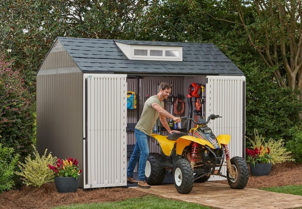 Rubbermaid Resin Outdoor Storage Shed With Floor (7 x 7 Ft) Weather Resistant Gray Organization for Home/Backyard/Garden Tools/Lawn Mower/Bike Storage/Pool Supplies - Wigtrends