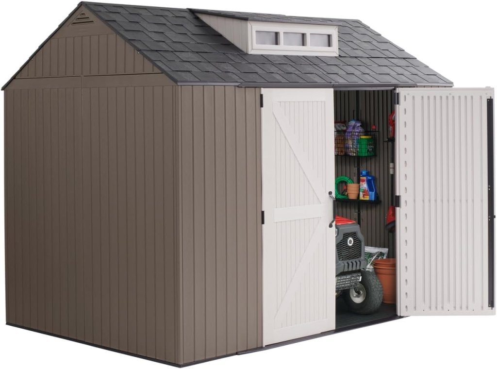Rubbermaid Resin Outdoor Storage Shed With Floor (7 x 7 Ft) Weather Resistant Gray Organization for Home/Backyard/Garden Tools/Lawn Mower/Bike Storage/Pool Supplies - Wigtrends