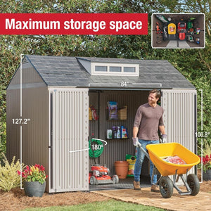 Rubbermaid Resin Outdoor Storage Shed With Floor (7 x 7 Ft) Weather Resistant Gray Organization for Home/Backyard/Garden Tools/Lawn Mower/Bike Storage/Pool Supplies - Wigtrends