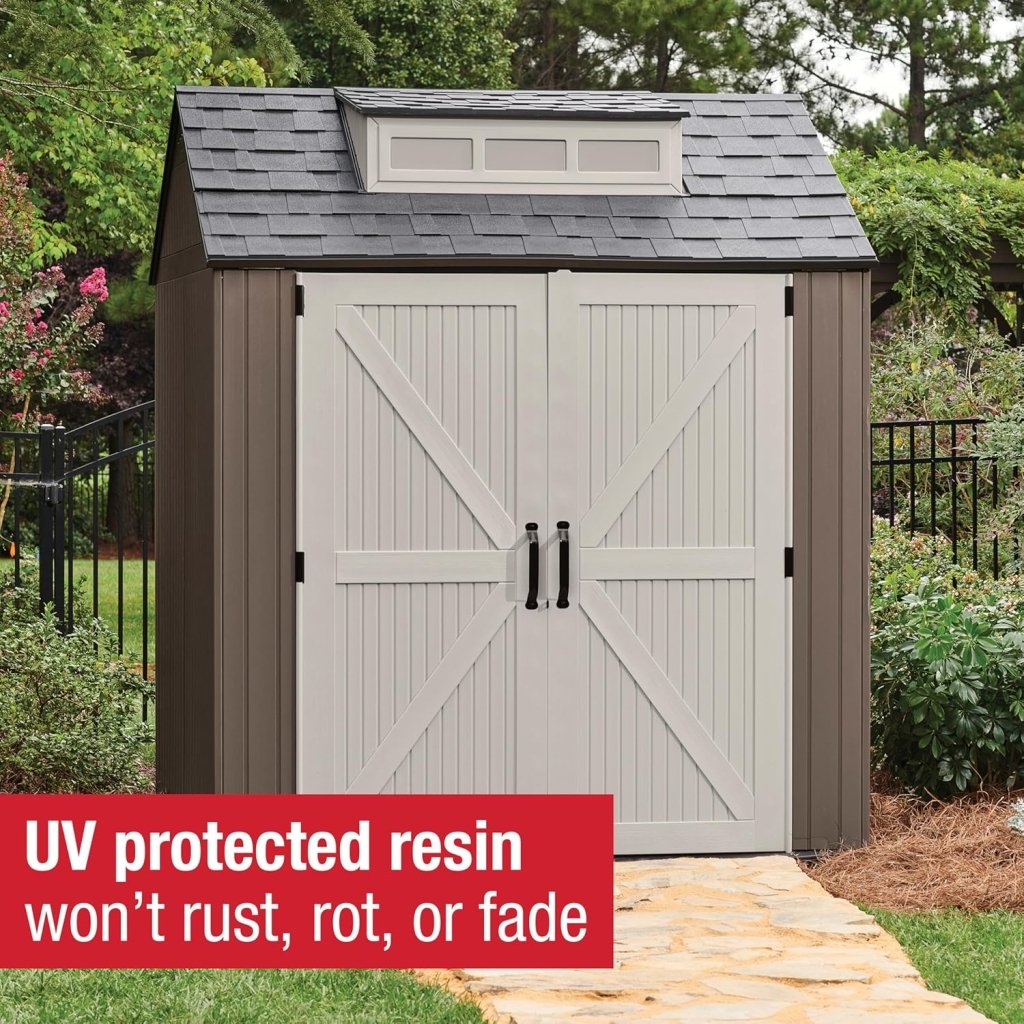 Rubbermaid Resin Outdoor Storage Shed With Floor (7 x 7 Ft) Weather Resistant Gray Organization for Home/Backyard/Garden Tools/Lawn Mower/Bike Storage/Pool Supplies - Wigtrends
