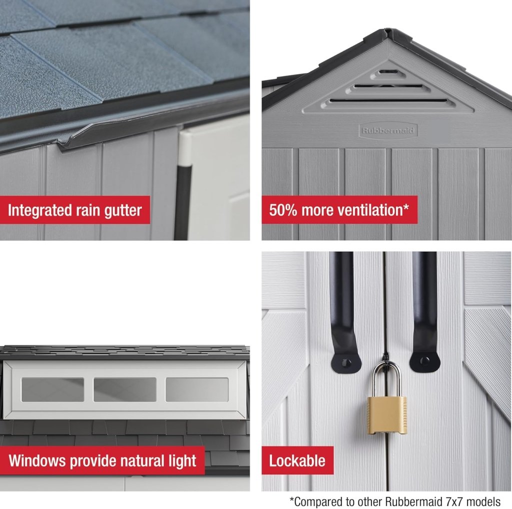 Rubbermaid Resin Outdoor Storage Shed With Floor (7 x 7 Ft) Weather Resistant Gray Organization for Home/Backyard/Garden Tools/Lawn Mower/Bike Storage/Pool Supplies - Wigtrends