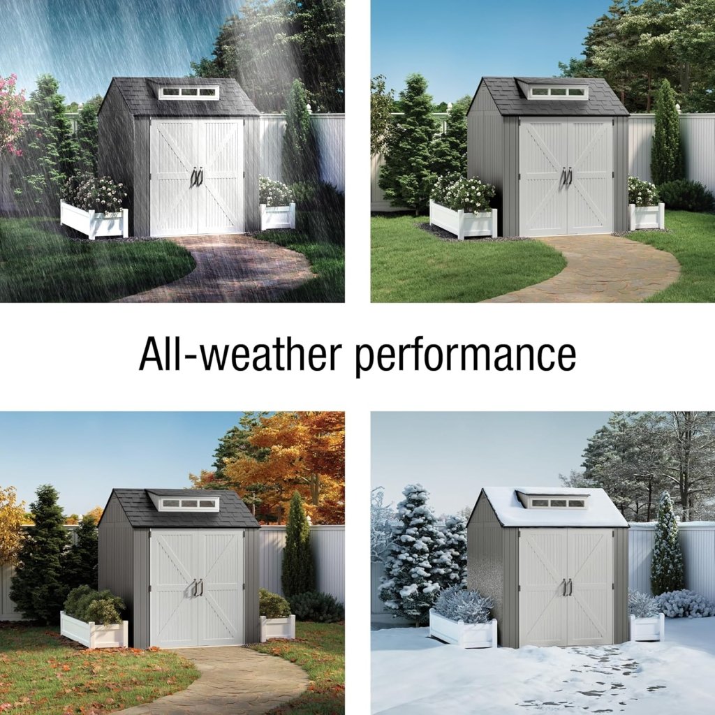 Rubbermaid Resin Outdoor Storage Shed With Floor (7 x 7 Ft) Weather Resistant Gray Organization for Home/Backyard/Garden Tools/Lawn Mower/Bike Storage/Pool Supplies - Wigtrends