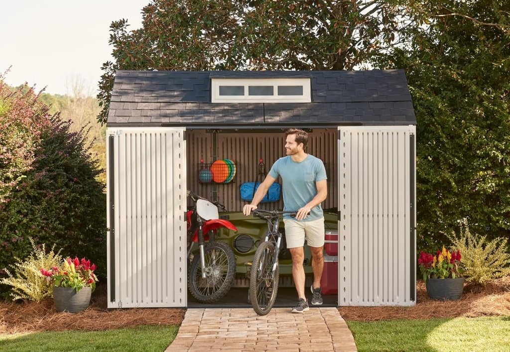 Rubbermaid Resin Outdoor Storage Shed With Floor (7 x 7 Ft) Weather Resistant Gray Organization for Home/Backyard/Garden Tools/Lawn Mower/Bike Storage/Pool Supplies - Wigtrends