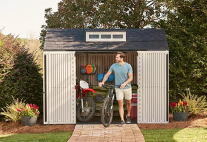 Rubbermaid Resin Outdoor Storage Shed With Floor (7 x 7 Ft) Weather Resistant Gray Organization for Home/Backyard/Garden Tools/Lawn Mower/Bike Storage/Pool Supplies - Wigtrends