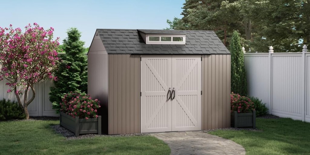Rubbermaid Resin Outdoor Storage Shed With Floor (7 x 7 Ft) Weather Resistant Gray Organization for Home/Backyard/Garden Tools/Lawn Mower/Bike Storage/Pool Supplies - Wigtrends