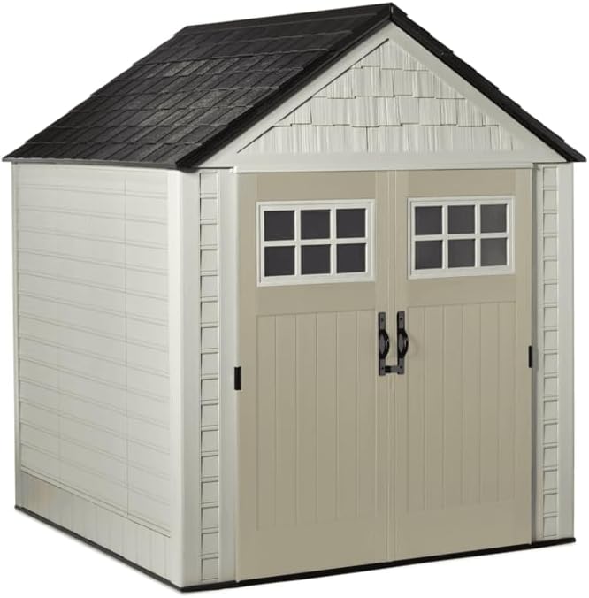 Rubbermaid Resin Outdoor Storage Shed With Floor (7 x 7 Ft) Weather Resistant Gray Organization for Home/Backyard/Garden Tools/Lawn Mower/Bike Storage/Pool Supplies - Wigtrends