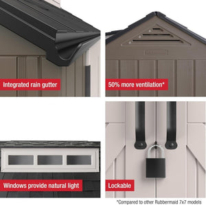 Rubbermaid Resin Outdoor Storage Shed With Floor (7 x 7 Ft) Weather Resistant Gray Organization for Home/Backyard/Garden Tools/Lawn Mower/Bike Storage/Pool Supplies - Wigtrends