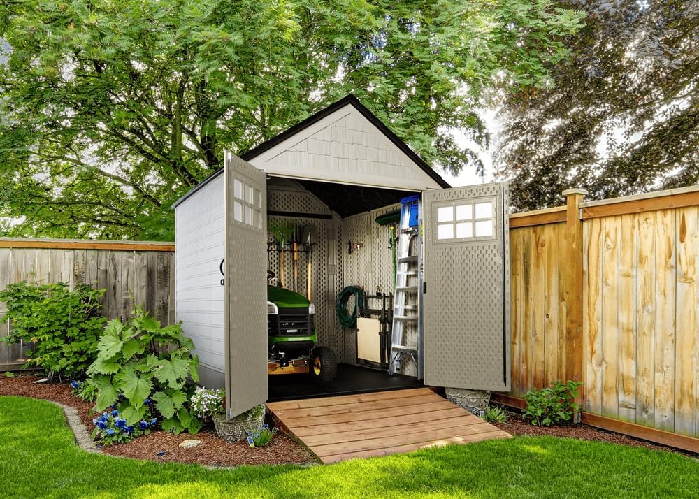 Rubbermaid Resin Outdoor Storage Shed With Floor (7 x 7 Ft) Weather Resistant Gray Organization for Home/Backyard/Garden Tools/Lawn Mower/Bike Storage/Pool Supplies - Wigtrends