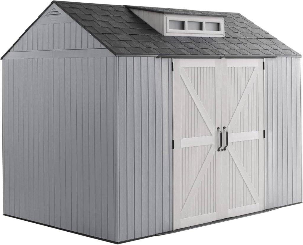 Rubbermaid Resin Outdoor Storage Shed With Floor (7 x 7 Ft) Weather Resistant Gray Organization for Home/Backyard/Garden Tools/Lawn Mower/Bike Storage/Pool Supplies - Wigtrends